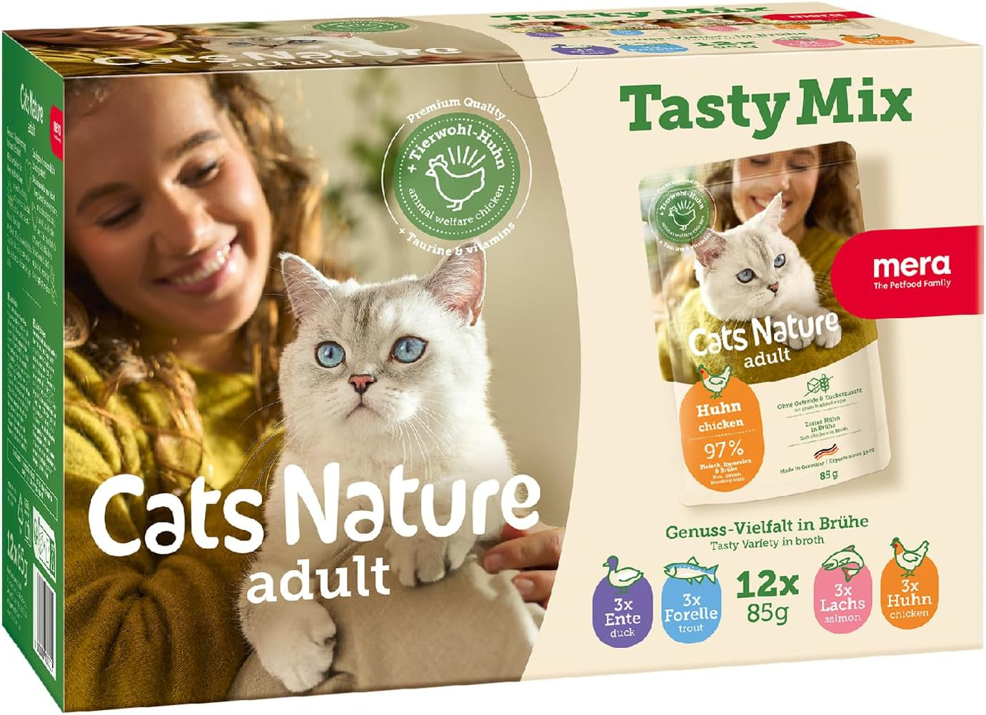 MERA Cats Nature Adult Tasty Mix Hrană Umedă Premium pentru Pisici 12x85g | Fără Zahăr și Fără Cereale | Hrană Umedă pentru Pisici Adulte cu Conținut Ridicat de Carne | Pachet Economic