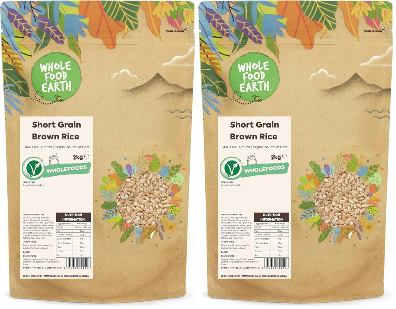Wholefood Earth krótkoziarnisty ryż brązowy - bez GMO - naturalny - wegański - bez nabiału - bez dodatku cukru, 2 kg