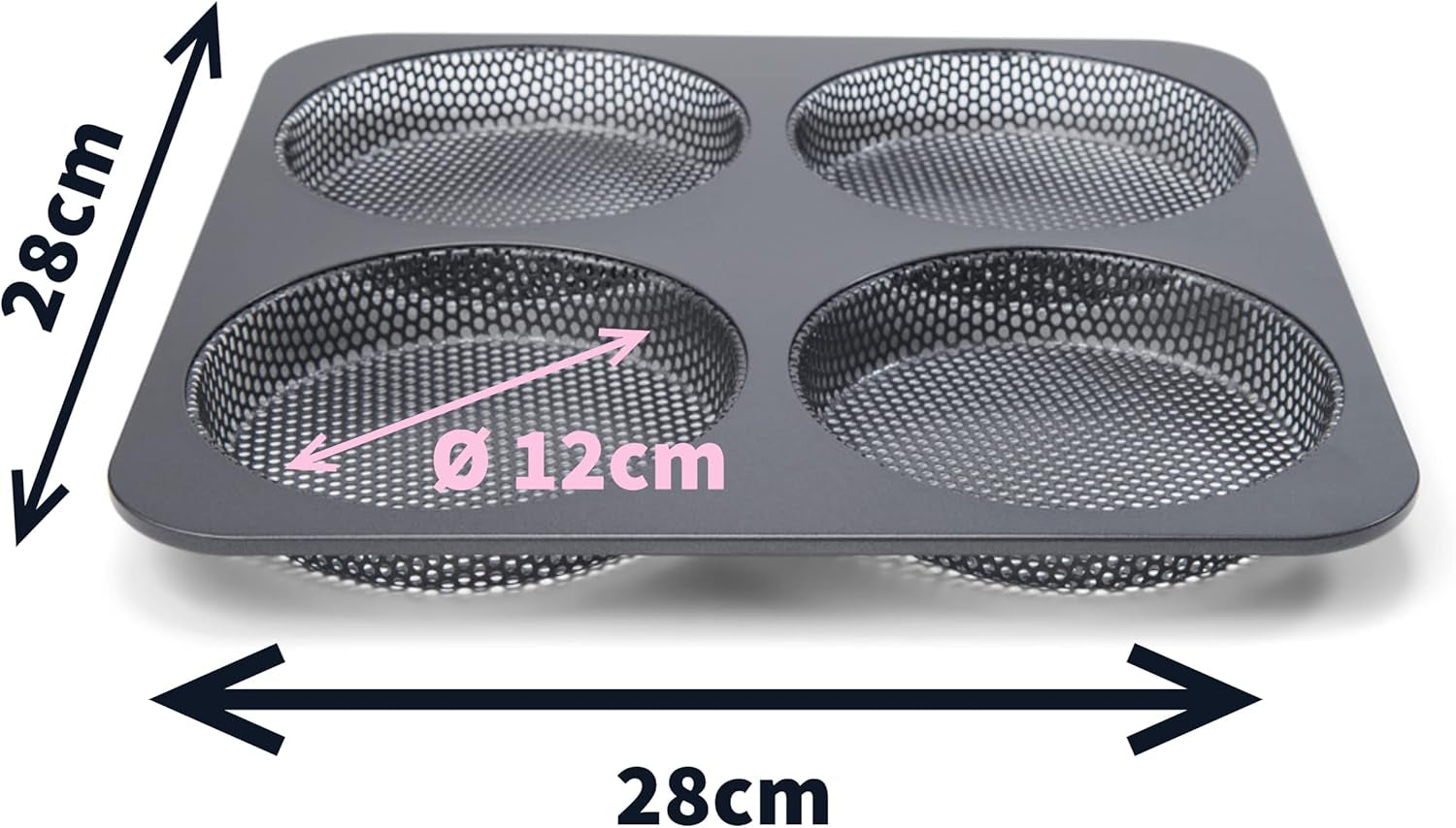 Hamburgerbrötchen, Perforiert, Antihaftbeschichte, 4 Runde Mulden Mit Je 12 Cm, Pfannengröße 28 X 28 Cm, 2,5 Cm Tief, Mittelgroß, Schwarz Formy i blachy do pieczenia Naty Shop