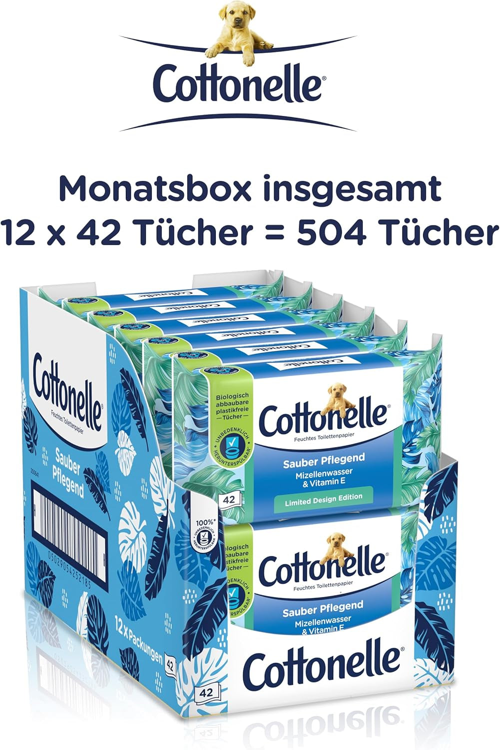 Șervețele umede, Clean Care - apă micelară și parfum de bumbac, biodegradabilă, fără plastic, resigilabilă, pachet valoric, 12 X 42 șervețele umede