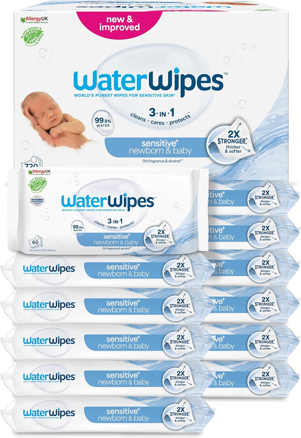 WaterWipes Sensitive+ Chusteczki nawilżane dla noworodków i niemowląt, 360 sztuk (6 szt.), 3 w 1 czyszczenie, pielęgnacja, ochrona, 99,9% wody, bez substancji zapachowych