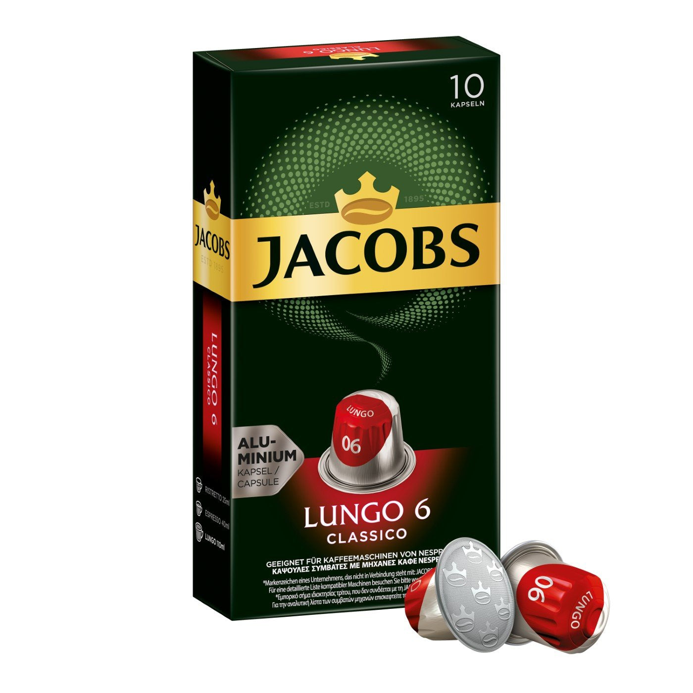 Jacobs Kapseln Lungo Intenso, Intensität 8 & Kapseln Lungo Classico, Intensität 6, 100 Nespresso®* kompatible Kaffeekapseln, 10er Pack, 10 x 10 Getränke