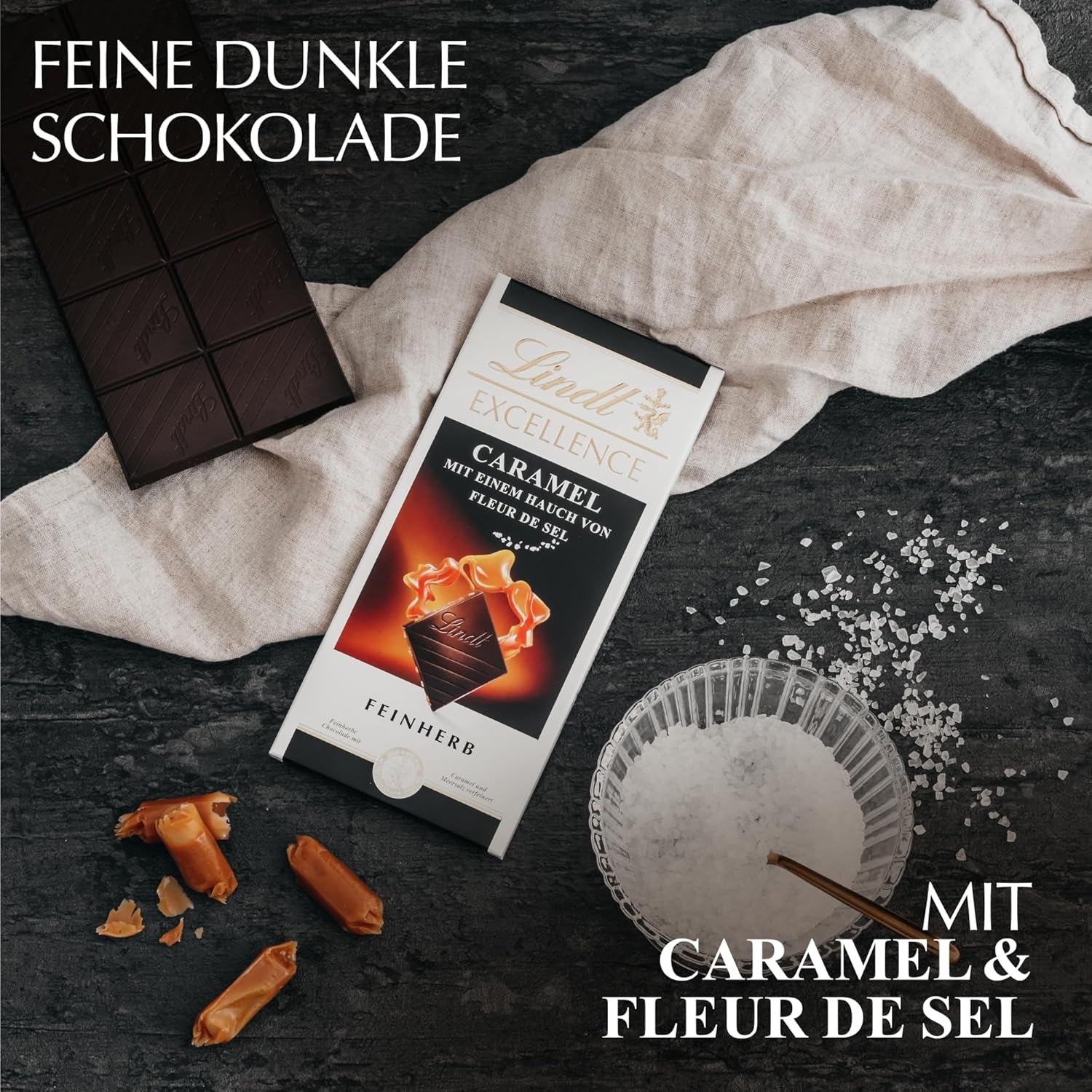Lindt EXCELLENCE Karmel i sól morska - Ciemna czekolada | Batonik 100g | Z Karmelem i Solą Morską (Fleur de Sel) | Intensywny smak kakaowy | Czekolada ciemna