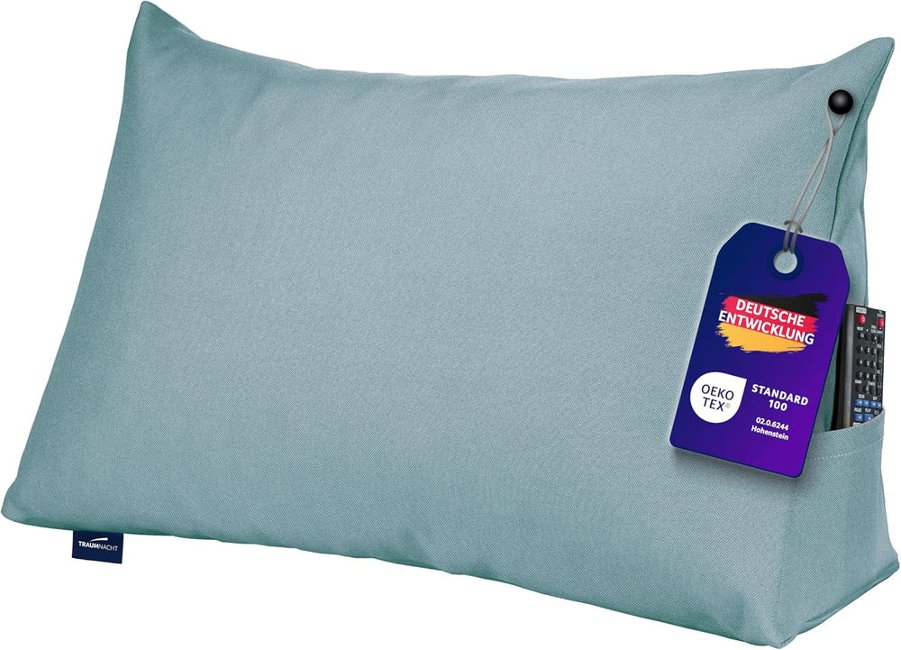 Pernă de citit Traumnacht Cozy Back Cushion, 70 x 40 cm gri închis, husă detașabilă și lavabilă din 100% poliester, buzunar lateral practic, certificată Oeko-Tex, produsă conform standardelor germane de calitate