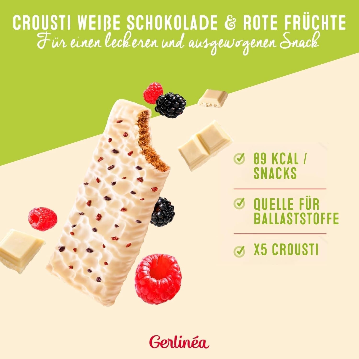 Gerlinéa - Snack Crousti Ciocolată Albă Fructe Roșii - Napolitană Crocantă pentru o Gustare Delicioasă - Sursă de Fibre - 5 Batoane Crousti - 90G