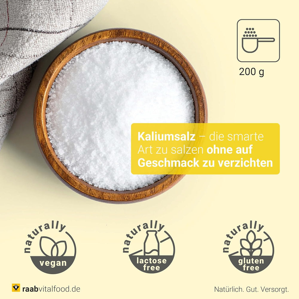 Raab Vitalfood Kalium salt-Mischung, Mineralsalzmischung mit 66,7% Natriumchlorid (Kochsalz) i 33% Kaliumchlorid, Kalium trägt zur Aufrechterhaltung eines normalen Blutdruck bei (1 x 200 g dawka)