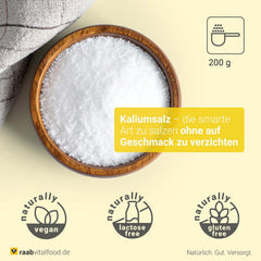 Raab Vitalfood Kalium salt-Mischung, Mineralsalzmischung mit 66,7% Natriumchlorid (Kochsalz) i 33% Kaliumchlorid, Kalium trägt zur Aufrechterhaltung eines normalen Blutdruck bei (1 x 200 g dawka)