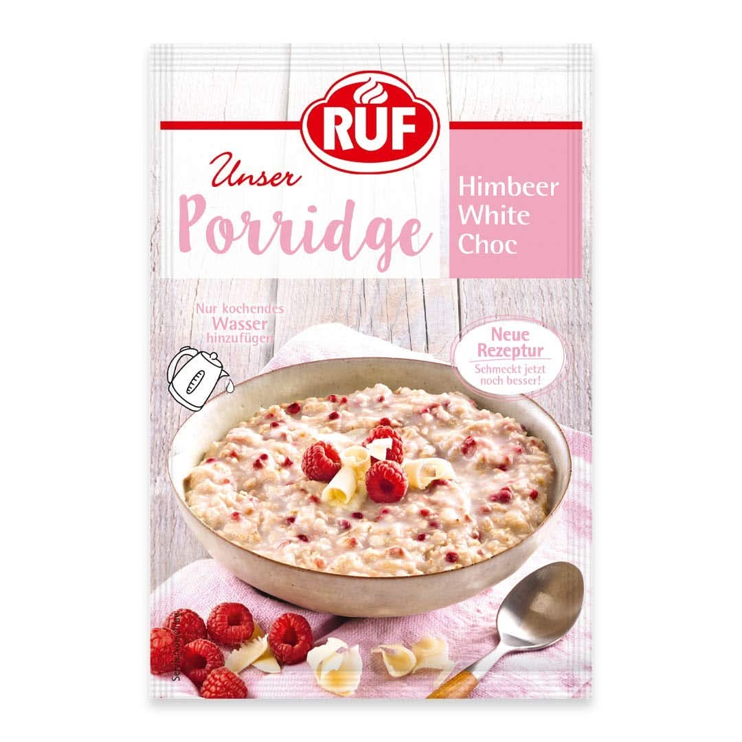 RUF Owsianka Raspberry White Choc, Owsianka błyskawiczna z kawałkami malin i startą białą czekoladą, 65 gramów Cereale Naty Shop