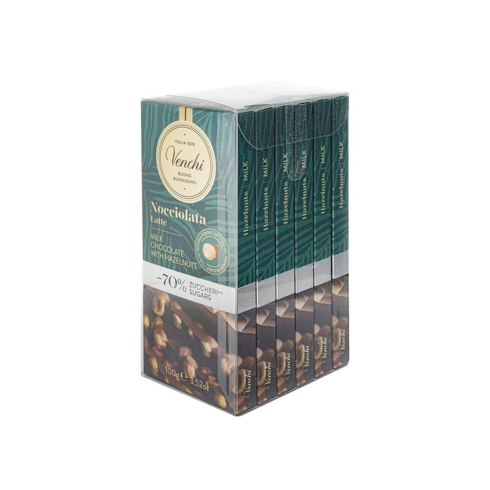 Venchi - Opakowanie 6 batonów ciemnej czekolady z orzechami laskowymi, 600g - Bez dodatku cukru - Bez sztucznych słodzików - Bezglutenowe - Wegańskie - Pomysł na prezent