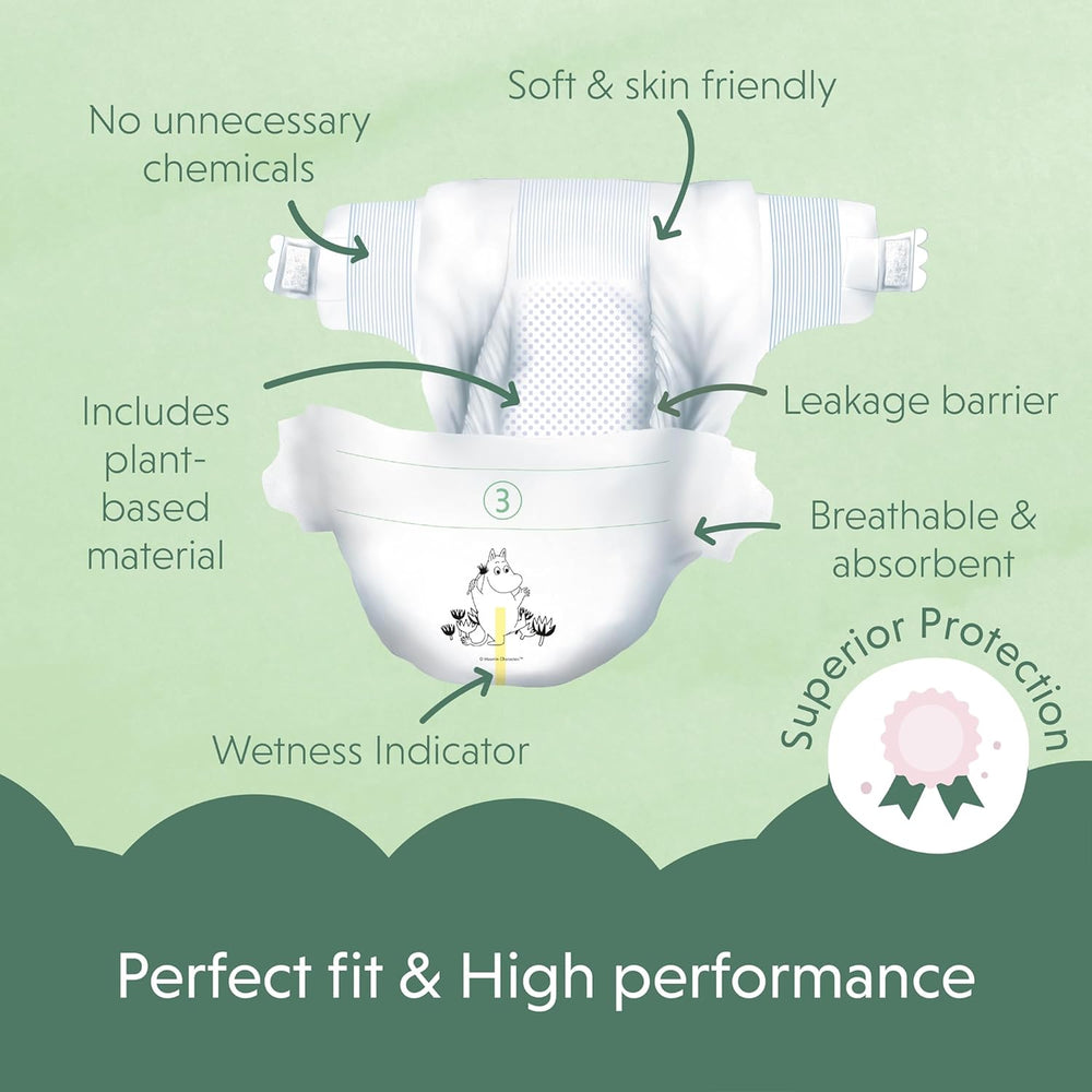 Pieluszki ekologiczne Muminki, rozmiar 3, 5-8kg, 48 sztuk, pieluszki Premium Soft | Miękkie i przyjazne dla skóry, oddychające, chłonne, bez zbędnych środków chemicznych |