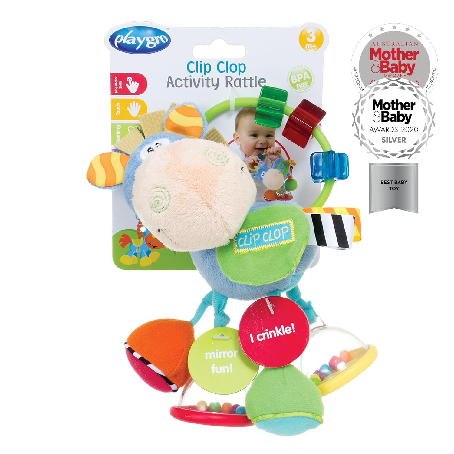 Playgro 101145 Cal de pluș cu zornăitor, jucărie educativă, de la 3 luni, fără BPA, Playgro Toy Box Horse Klipp Klapp, albastru/colorat, 40016, dimensiuni: 15 x 6 x 20 cm , 1 buc Jucarii Bebe Naty Shop