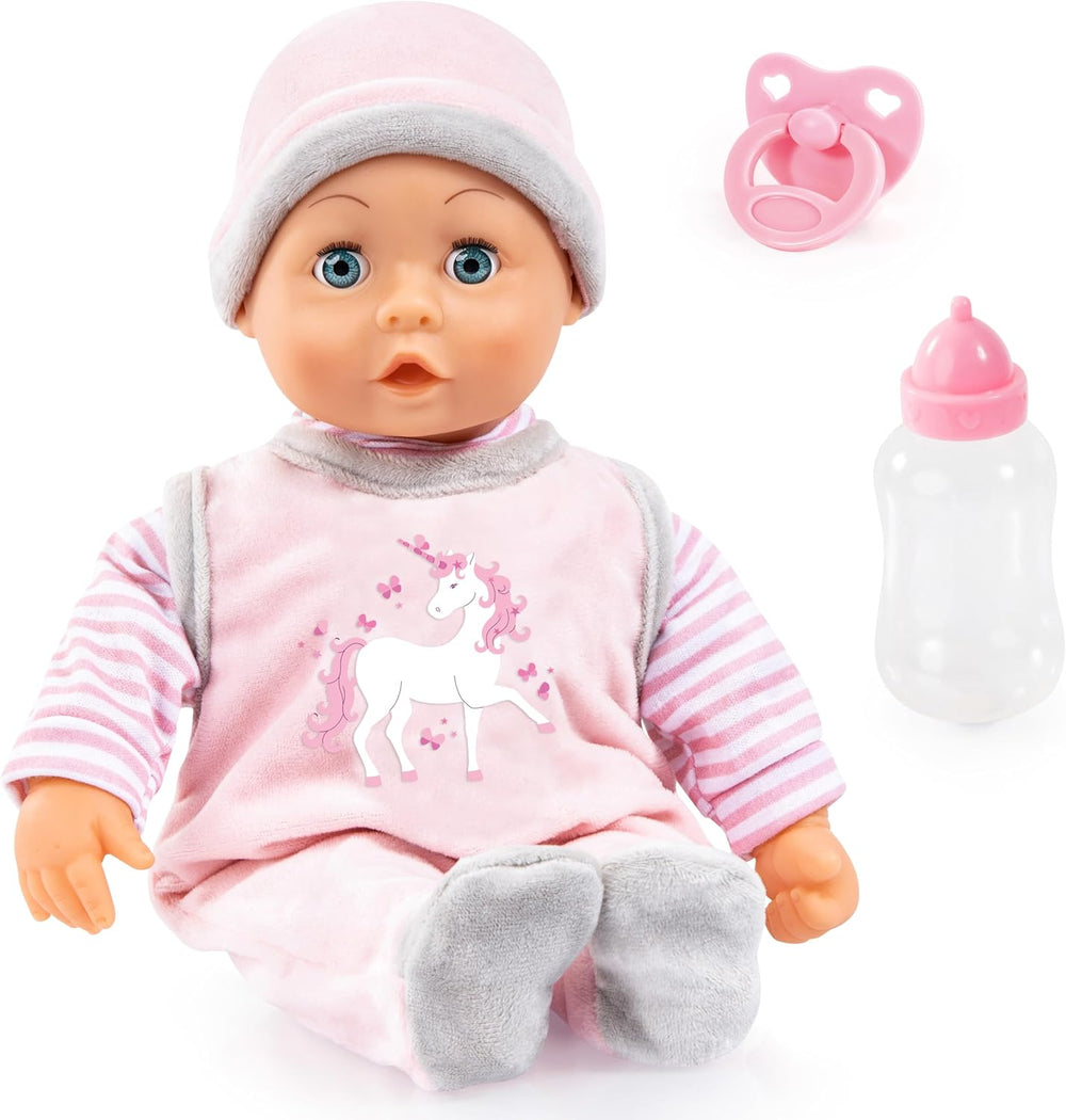 Bayer Design 93800-różowy 93825AA Babypuppe First Words, Schlafaugen, spricht 24 Babylaute, weicher Körper, mit Schnuller und Flasche, 38 cm, różowy