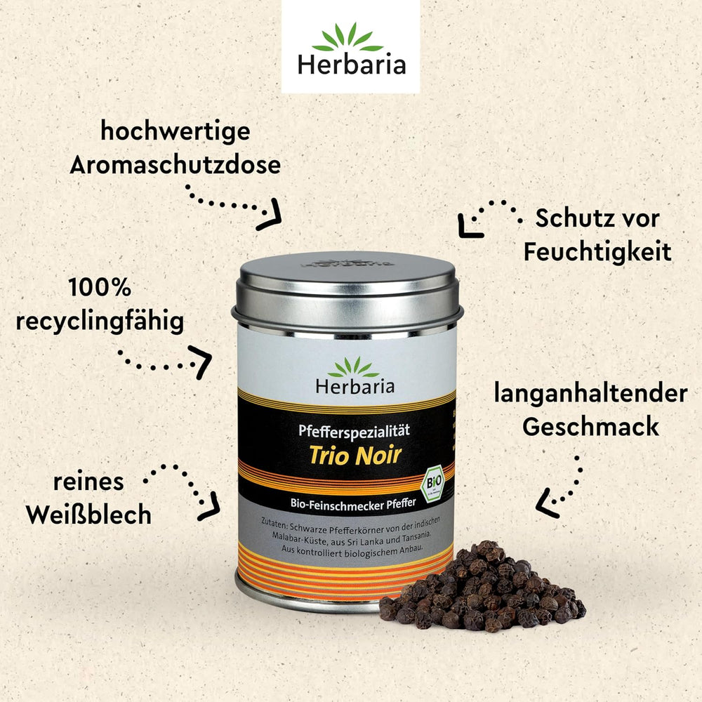 Herbaria Trio Noir bio 75g M-Dose – Bio Pfeffer schwarz ganz – ganze Pfefferbeeren – schwarze Pfeffermischung aus biologischem Anbau von drei verschiedenen Regionen - in nachhaltiger Aromaschutz-Dose
