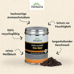 Herbaria Trio Noir bio 75g M-Dose – Bio Pfeffer schwarz ganz – ganze Pfefferbeeren – schwarze Pfeffermischung aus biologischem Anbau von drei verschiedenen Regionen - in nachhaltiger Aromaschutz-Dose