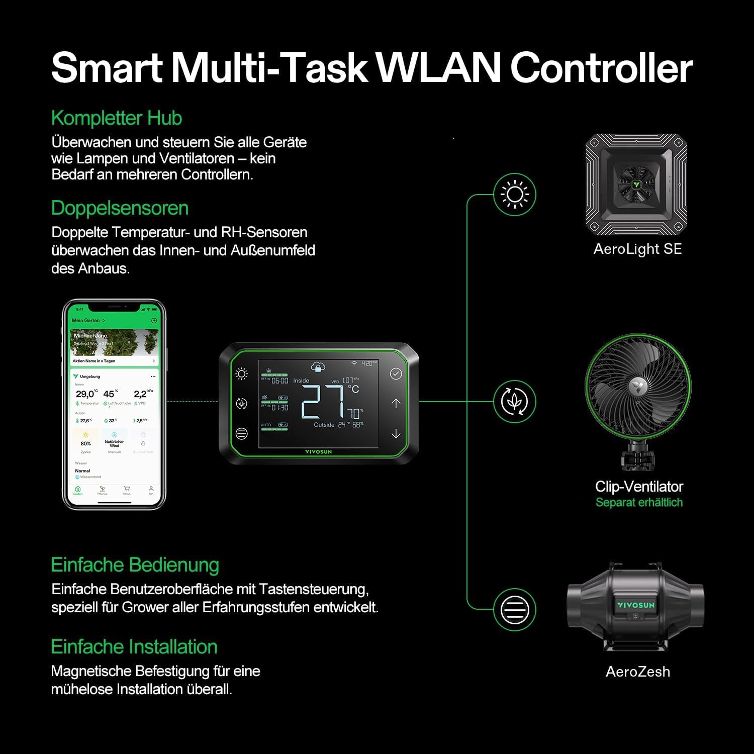 Inteligentny system uprawy VIVOSUN z lampą LED AeroLight A100SE o mocy 100 W, zintegrowanym wentylatorem obiegowym, wentylatorem kanałowym AeroZesh T4 100 mm i wydajnością 357 m3/h oraz kontrolerem GrowHub E42A do uprawy w namiotach i pomieszczeniach zamkniętych