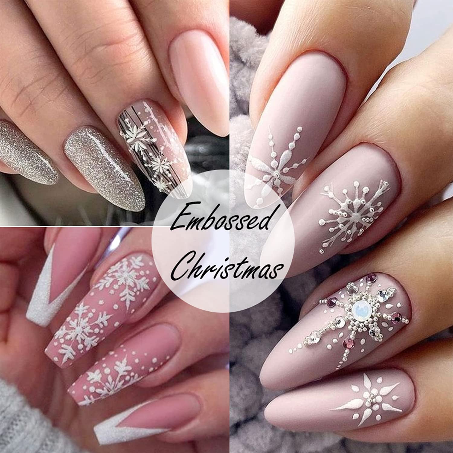 4 Blatt 3D Nagelsticker Weihnachten Nagelaufkleber Christmas 5D Stereoskopisch Selbstklebend Schneeflocke Schneemann Nail Art Sticker Dekoration Nageldesign Zubehör