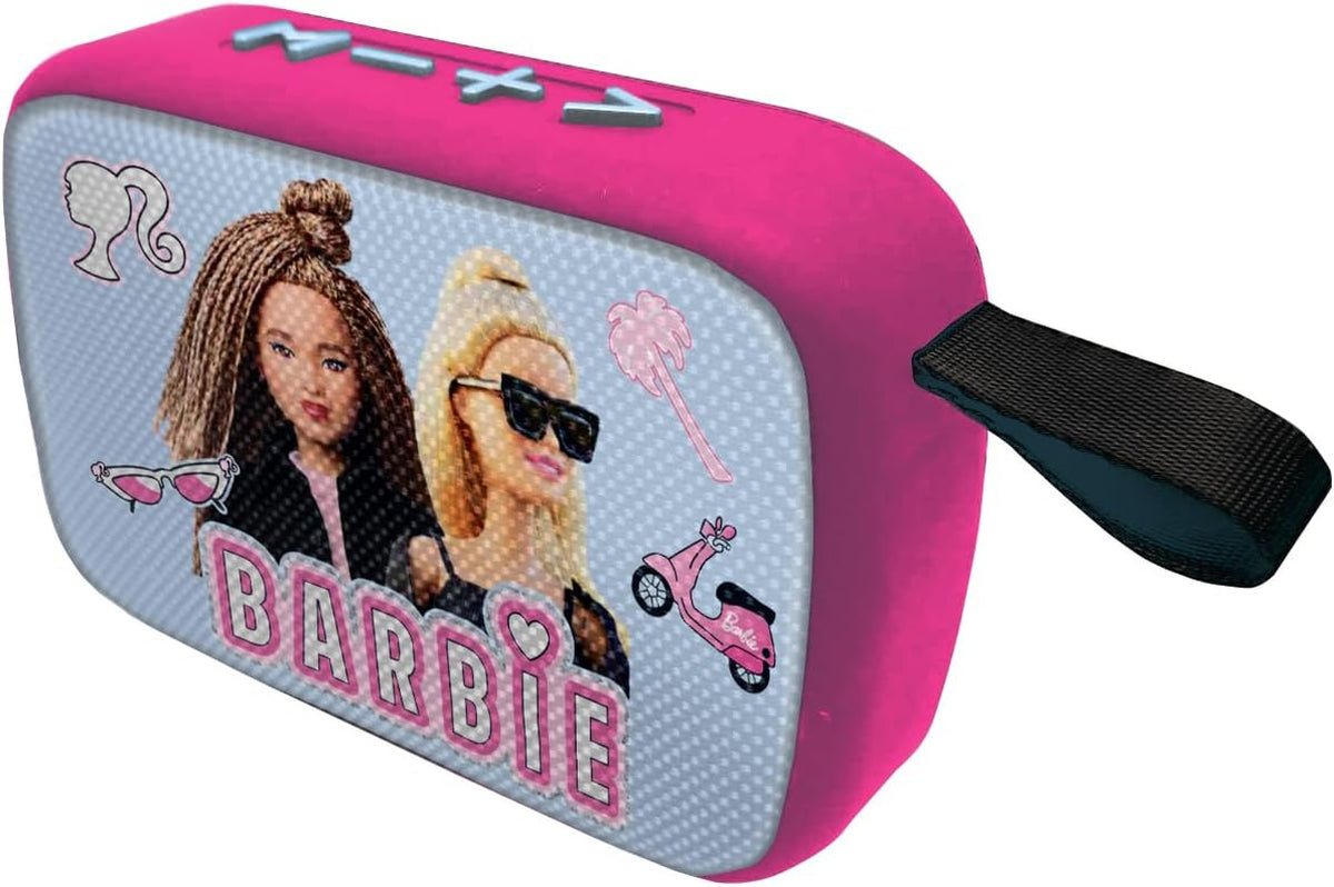 Lexibook Mattel Barbie - Tragbarer Bluetooth-Lautspeaker, kabellos, USB-C, SD/TF-Karte, wiederaufladbarer Akku, blau/rosa, BT018BB
