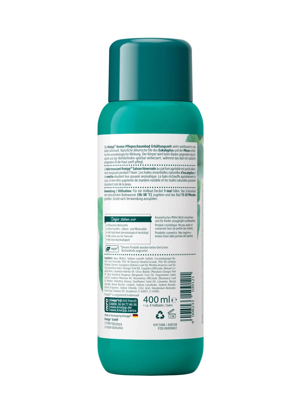 Kneipp Aroma Foam Bath Cold Season, dodatek do kąpieli z naturalnymi olejkami eterycznymi z eukaliptusa i mięty, 400 ml Prysznic i kąpiel Naty Shop
