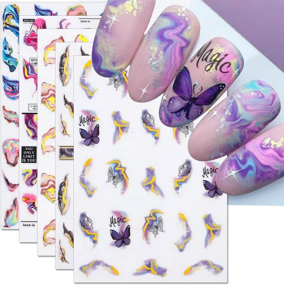 6 Blatt 3D Lila Schmetterling Nagelstickers Selbstklebend Nagelaufkleber Schmetterlinge Nail Sticker Bunte Blühen Marmor Nagel Stickers Regenbogen Welle Linien Nail Art Aufkleber Nageldesign Zubehör