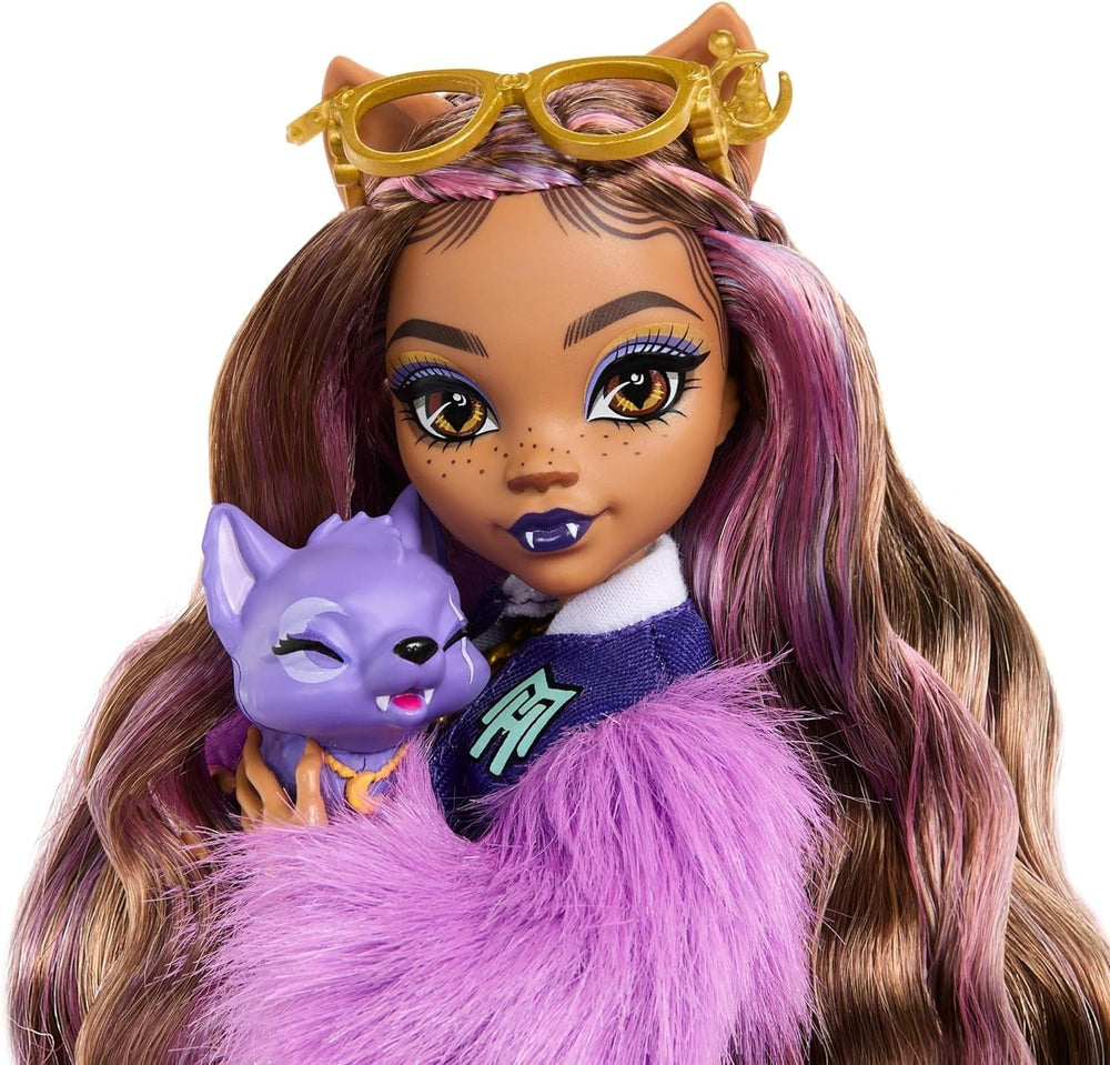 Lalka Monster High Clawdeen Wolf z psem w kształcie półksiężyca i akcesoriami, takimi jak plecak, kalendarz, przekąski i inne, lalki HRP65 Naty Shop