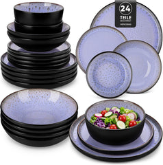 Steingut Geschirrset 6 Personen, vancasso AMBER Teller Set 6 Personen, Tafelservice 24tlg mit Speiseteller, Dessertteller, Suppenteller, Schüssel, Reaktive Glasur, Abendviolett, Spülmaschinenfest