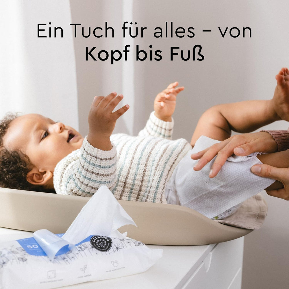 LILLYDOO Chusteczki nawilżane, 50 szt., 100% bez plastiku, bardzo duże, bezzapachowe