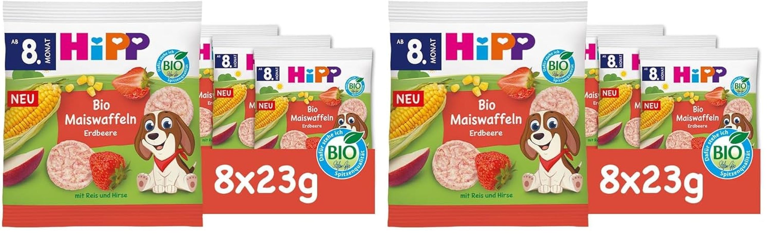 HiPP Organiczne Wafle Kukurydziane z Truskawkami (8 x 23g), przekąska dla dzieci od 8 miesiąca, słodzona wyłącznie owocami i warzywami, bezglutenowa, najwyższej jakości organicznej (2 opakowania)