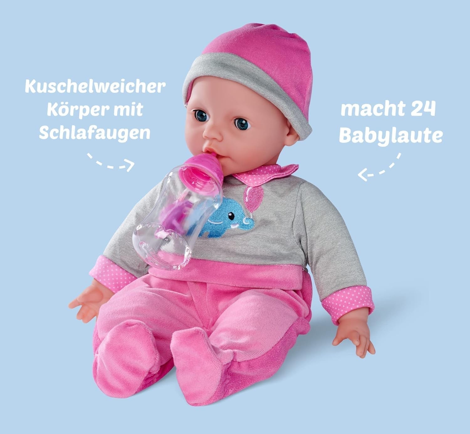 Simba 105140066 - Laura Interactive, lalka o miękkim ciele i zaspanych oczach, gaworząc podczas ruchu, pije z butelki i śpi, 40 cm, lalka od 2 lat Naty Shop Dolls