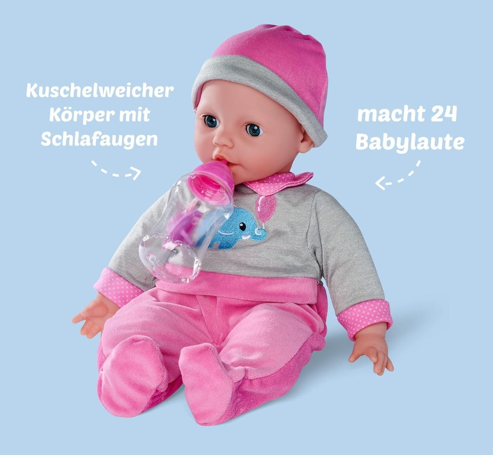 Simba 105140066 - Laura Interactive, lalka o miękkim ciele i zaspanych oczach, gaworząc podczas ruchu, pije z butelki i śpi, 40 cm, lalka od 2 lat Naty Shop Dolls
