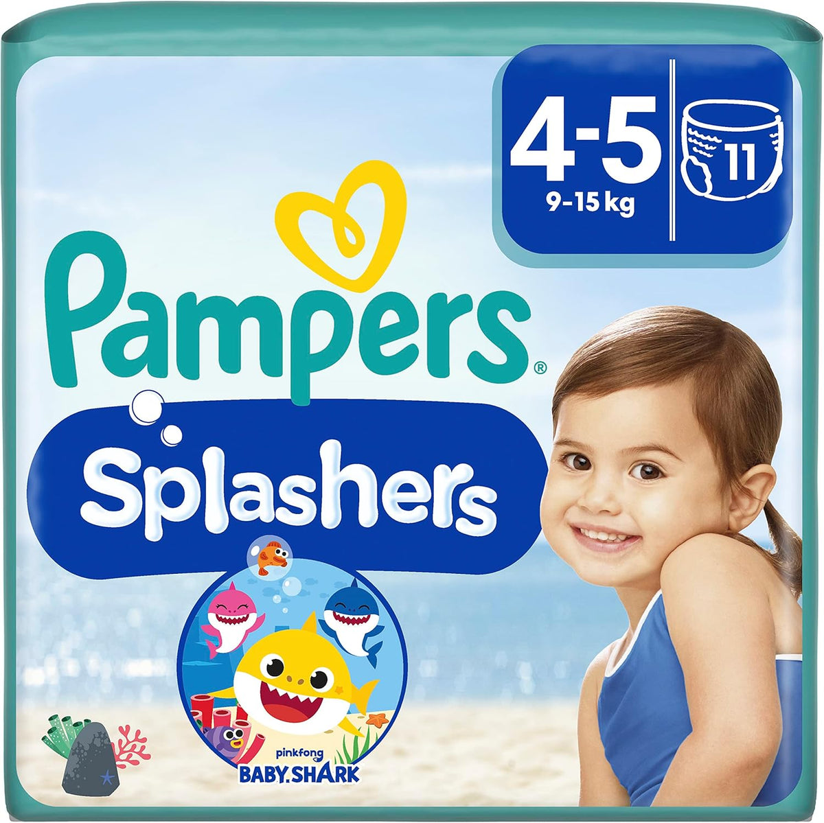 Pampers Splashers Baby Shark Edycja limitowana Jednorazowe pieluchy do pływania 4-5, 11, 9kg-15kg, zapewniające bezpieczną ochronę w wodzie