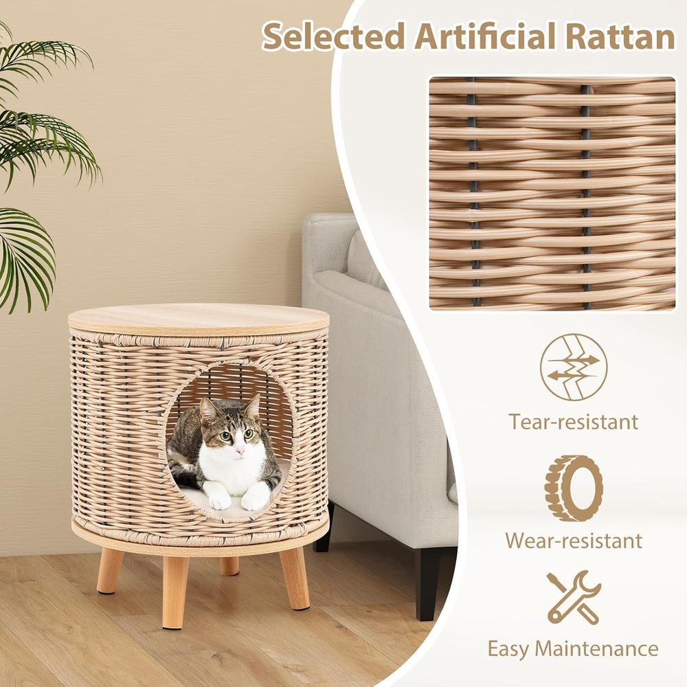 Katzenhaus Rattan, Katzenmöbel mit Holzbeinen & weichem Kissen, 3 in 1 Katzenhöhle Fußhocker Nachttisch, Katzenbett stabil bis 30 kg für Wohnzimmer Schlafzimmer