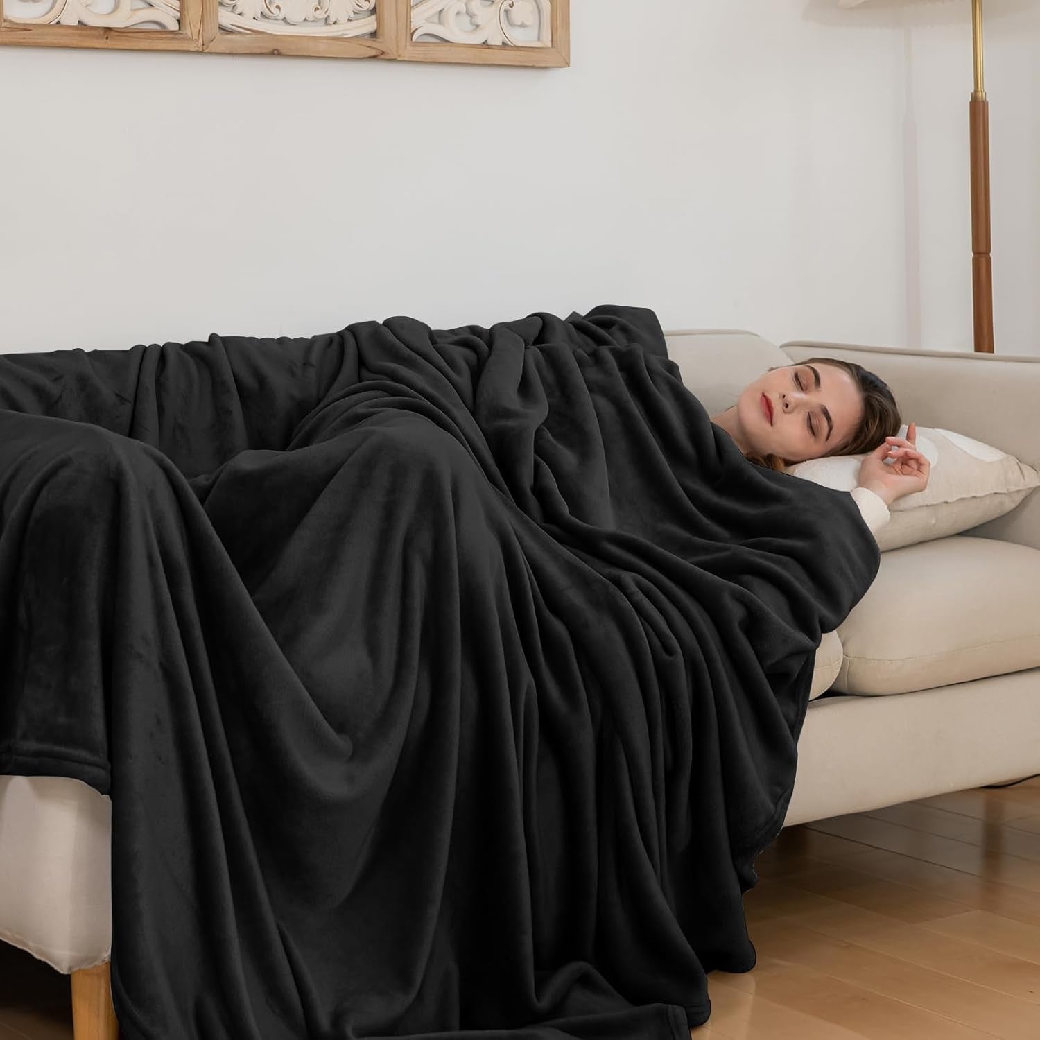 Pătură confortabilă Pătură pufoasă din fleece 130 X 150 cm Pături de pat Pătură de canapea Pături moi mari și aruncări pentru adulți Aruncări pentru canapele Cald Lavabil la mașină Negru Paturi si Cuverturi Good Nite