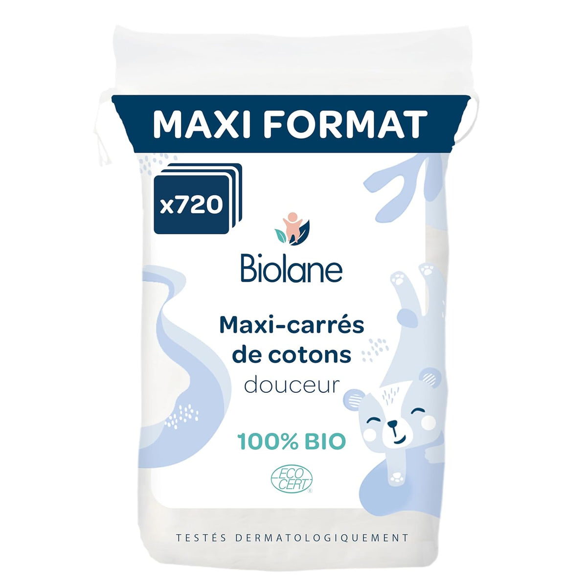 BIOLANE 12 Maxi Squares Podpaski nawilżane - Niemowlęta - 100% organiczne - 720 bawełna - dla skóry wrażliwej - Przebieranki i artykuły toaletowe - od urodzenia - wyprodukowane we Francji