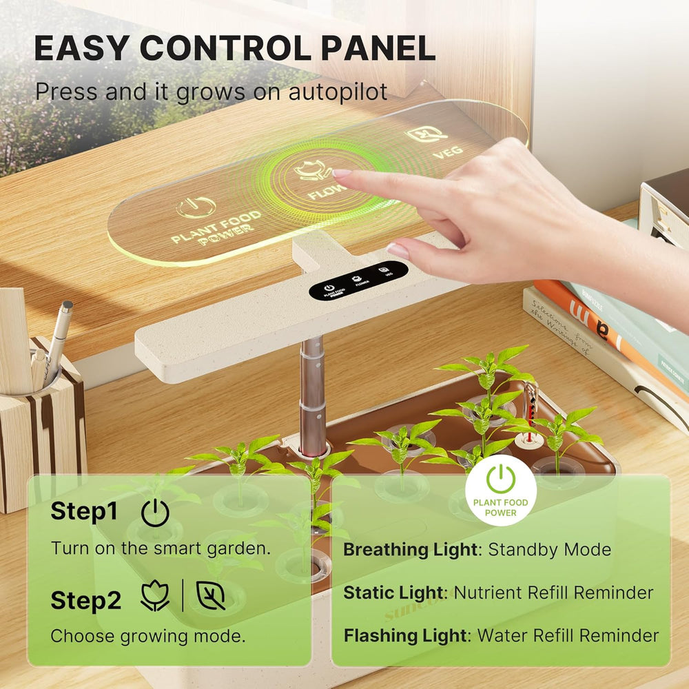 Zestaw do uprawy hydroponicznej z 12 kapsułkami, lampa ogrodowa LED o mocy 24 W, zbiornik na wodę 4 l z cichą pompą, doniczka na zioła z regulacją wysokości, zestaw do ogrodnictwa w pomieszczeniach, prezenty ogrodnicze, beżowy