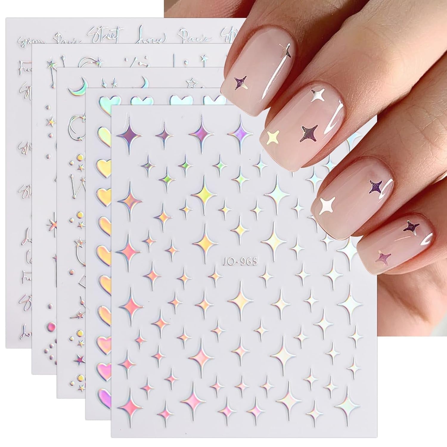 JMEOWIO Nagelsticker Aurora 12 Blatt Nail Art Sticker Selbstklebend Nagelaufkleber Holografisches Stern Herz Dekoration Nageldesign Zubehör