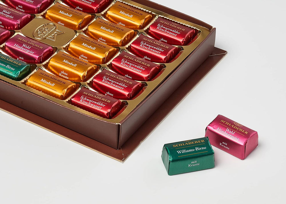 Praliny RCP Schladerer, delikatny asortyment, czekolada mleczna i gorzka, z cukrową skórką i bez, z płynnym nadzieniem, zawiera alkohol, świetny prezent, 255g