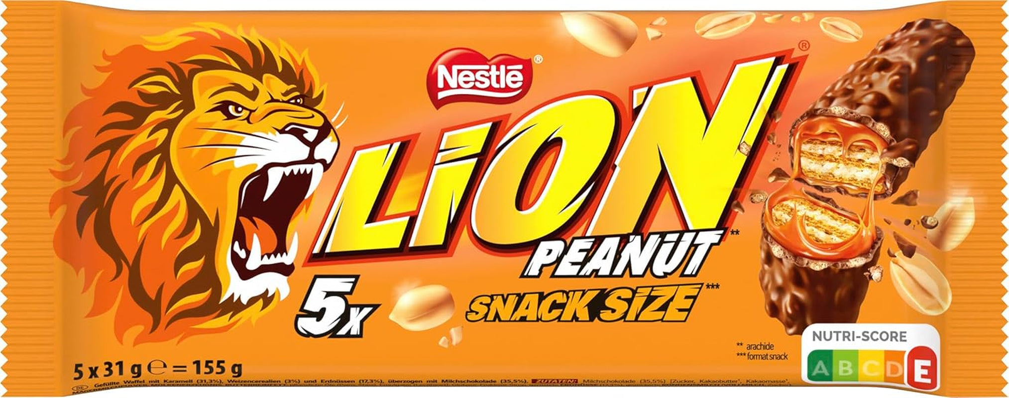 Batonik orzechowy w mlecznej czekoladzie, pyszne nadzienie karmelowe, orzeszki ziemne i chrupiący wafelek, opakowanie zbiorcze cukierków, 1 opakowanie (5 x 31 g)