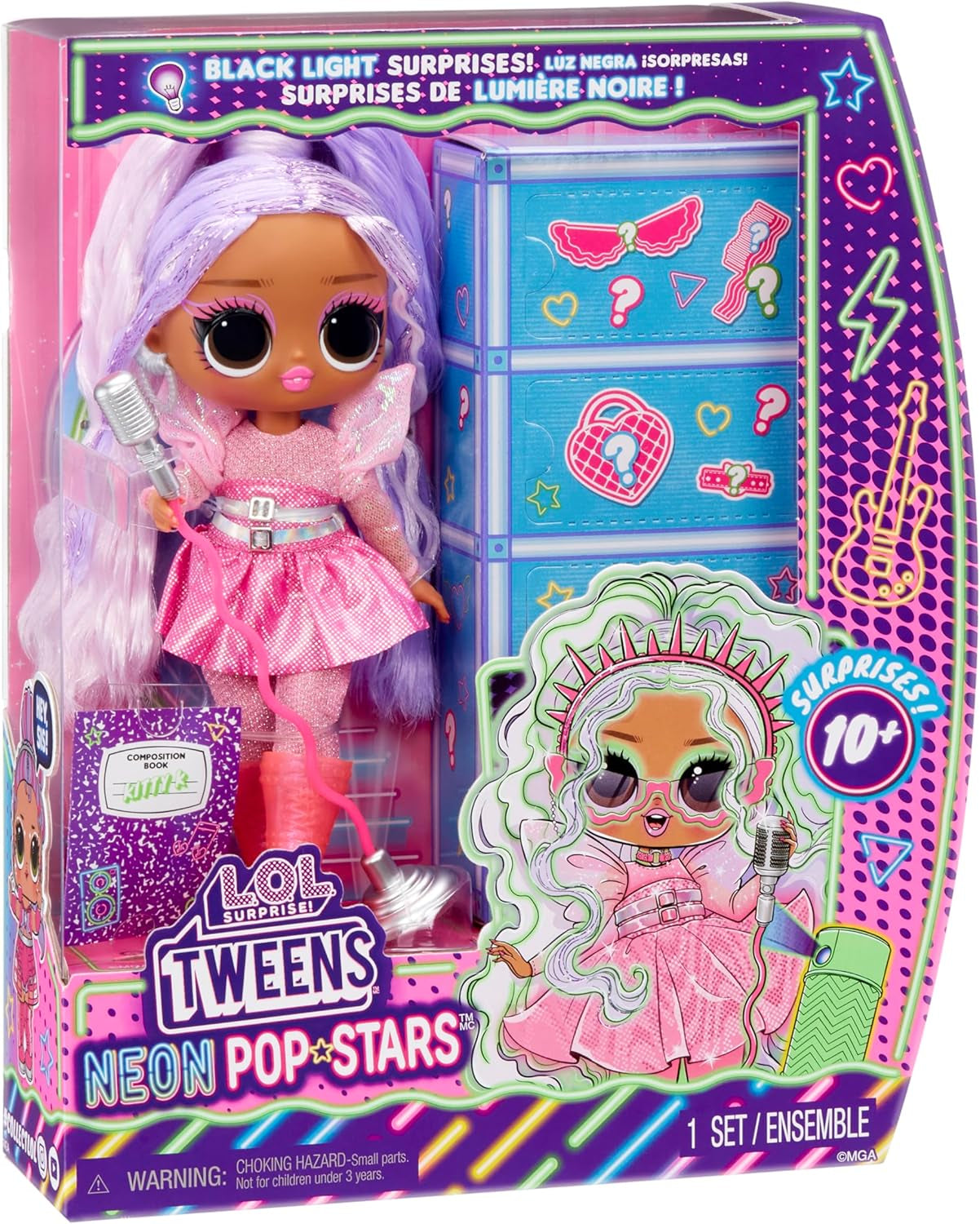 KUPA ŚMIECHU. Niespodzianka! Tweens Neon Pop Stars - Kitty K - 1 Modepuppe z podświetlanymi niespodziankami i ponad 10 modami i akcesoriami dla gwiazd popu, w tym Retro Mikro-Ständer, Geschenk für Kinder ab 4