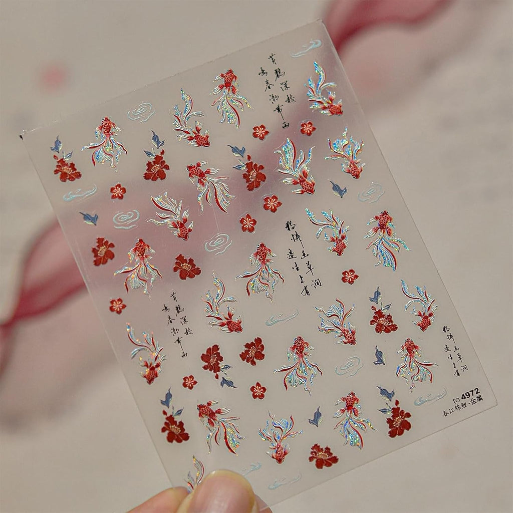 JMEOWIO 3D Nagelsticker Koi Fisch Nail Art Sticker Selbstklebend Nagelaufkleber 5D Stereoskopisch Dekoration Nageldesign Zubehör 1 Blatt