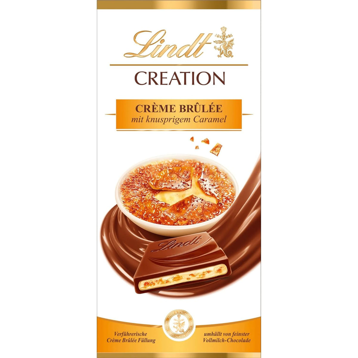 Batonik Crème Brûlée Lindt Czekolada Kreacja | Nadzienie Crème Brûlée z chrupiącym karmelem, oblane najlepszą mleczną czekoladą | Tabliczka czekolady | Prezent czekoladowy, 150g
