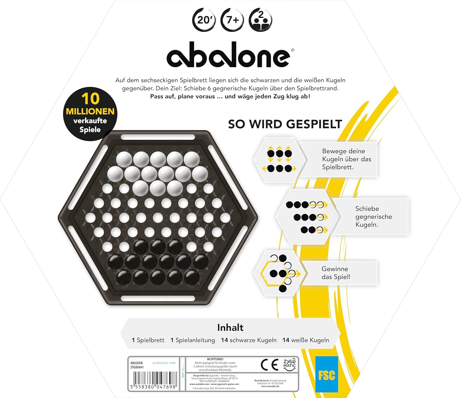 Asmodee, Abalone, Gra rodzinna, Gra strategiczna, 2 graczy, Wiek 7+, 20+ minut, Niemiecki