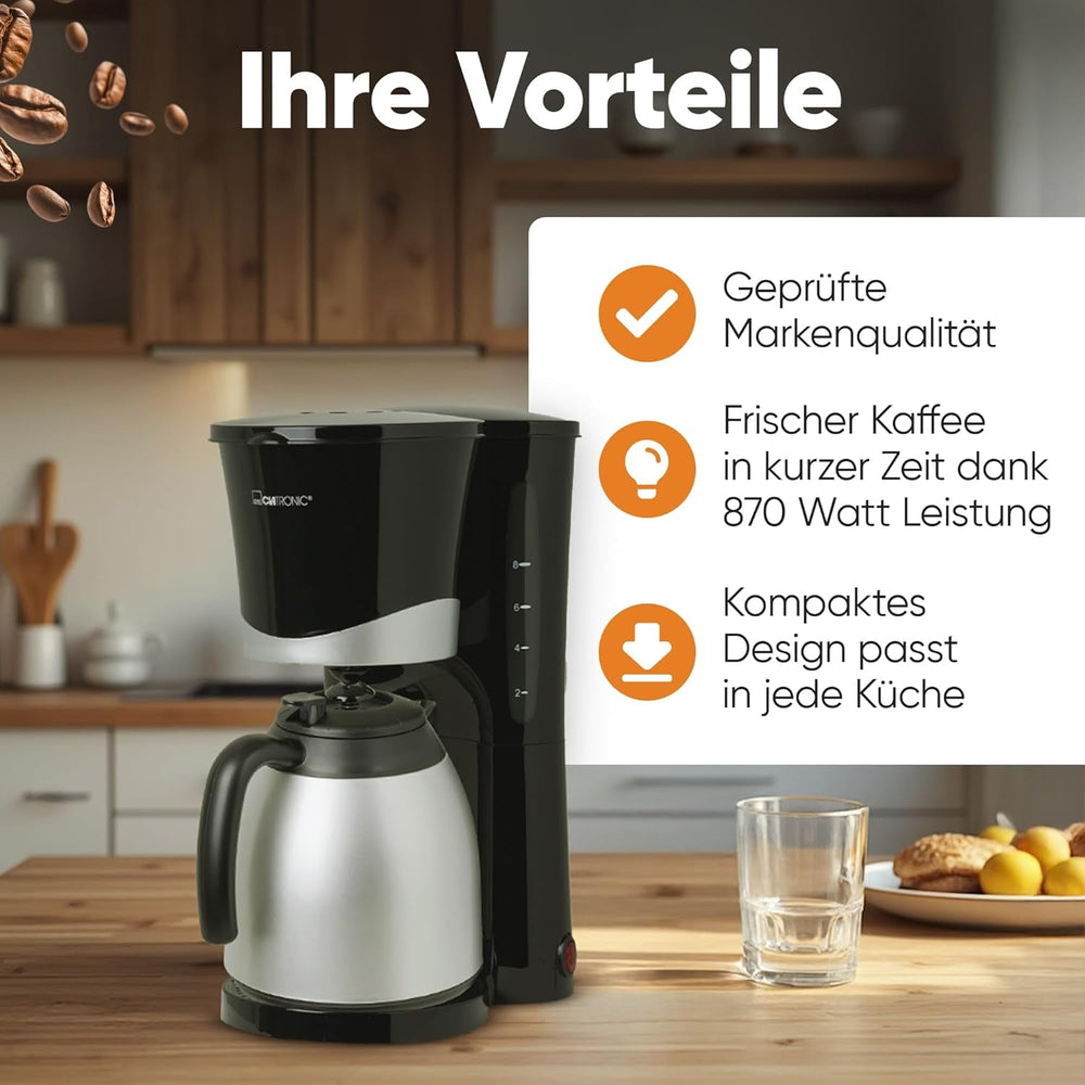 Cafetieră Clatronic® cu termos | pentru 8-10 cești de cafea | fără pierderi de temperatură | cafetieră cu filtru | 1 litru | Espressor | Cafetieră cu filtru cu termos | KA 3327 negru