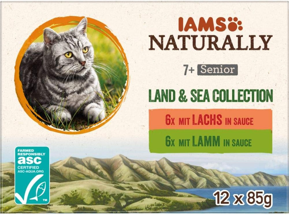 IAMS Naturally Senior Hrană umedă în sos - Hrană umedă de înaltă calitate cu carne și pește pentru pisici mai în vârstă, Colecția Land & Sea, 12 x 85 g