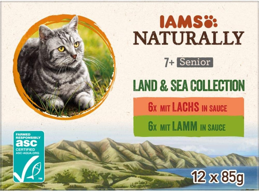 IAMS Naturally Senior Hrană umedă în sos - Hrană umedă de înaltă calitate cu carne și pește pentru pisici mai în vârstă, Colecția Land & Sea, 12 x 85 g