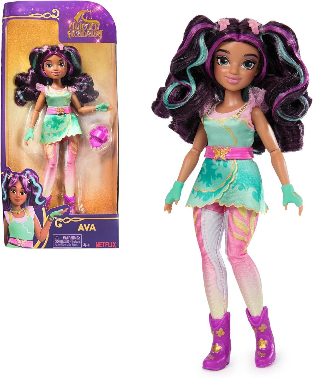Unicorn Academy Ankleidepuppe Ava - die Originalpuppe zur beliebten Netflix-Serie, 24 cm groß und mit 7 Accessoires für fantasievolles Rollenspiel, für Kinder ab 4 Jahren