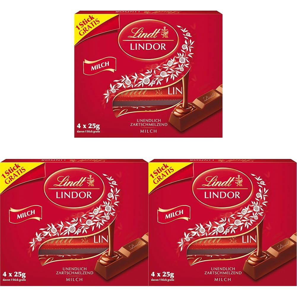 Czekolada Lindta | Paluszki z mlecznej czekolady LINDOR, Oferta promocyjna | 100g | 4 batoniki mlecznej czekolady LINDOR z nadzieniem rozpływającym się w ustach | Paluszki Czekoladowe (zestaw 3 szt.)