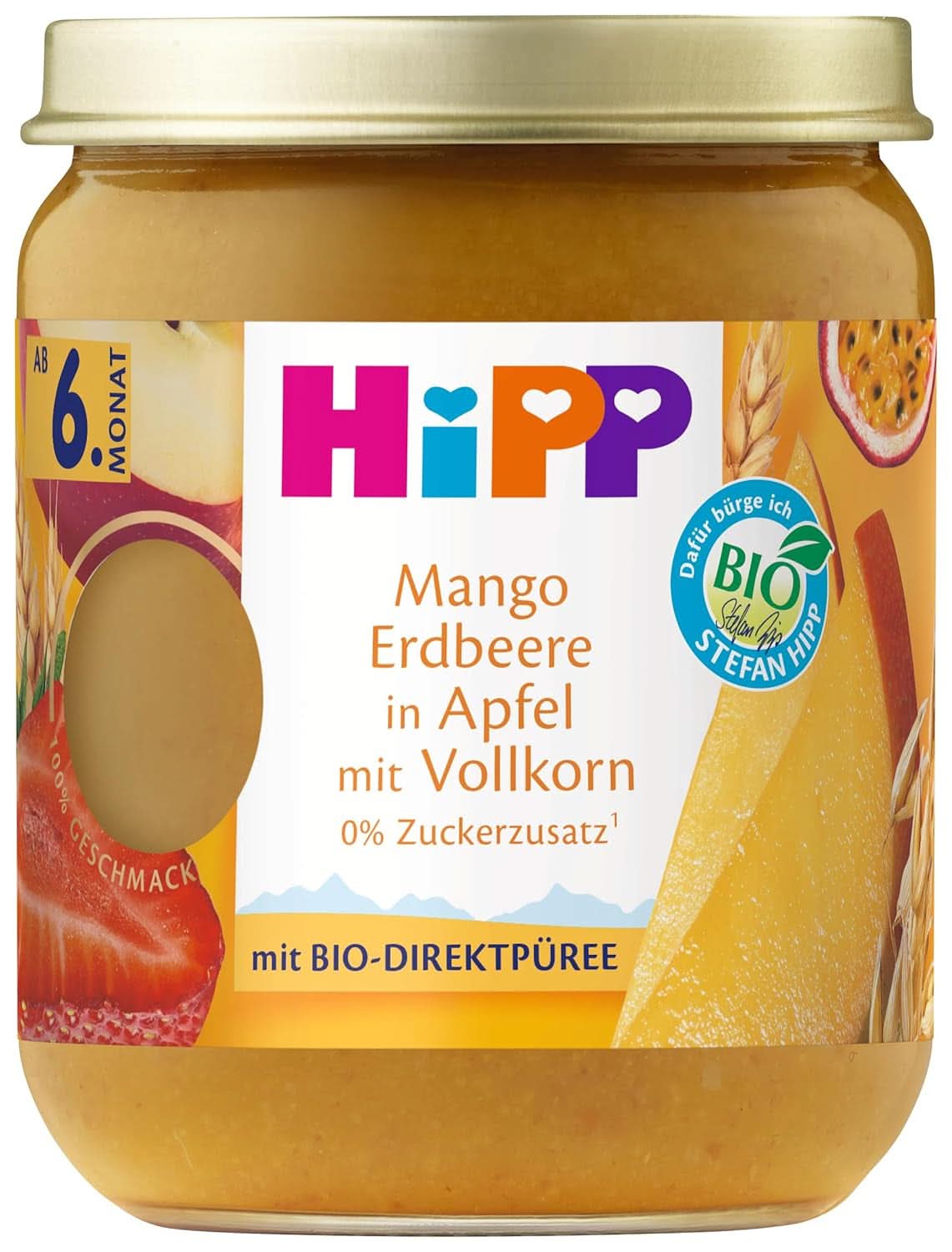 Hipp Organiczne owoce i zboża Mango Truskawkowy mus jabłkowy z pełnymi ziarnami, opakowanie 6 szt. (6X160 g) Matka i Dziecko Naty Shop