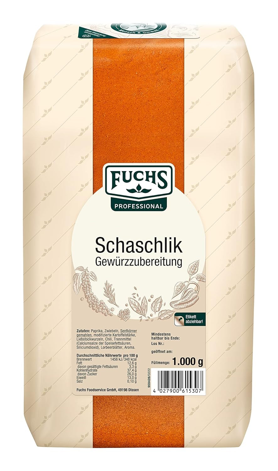 Fuchs Professional - Schaschlik Gewürzmischung | Zum Würzen/Marinieren von gebratenem oder gegrillten Fleisch | Profi-Qualität für Großverbraucher | Worek 1 kg nadający się do recyklingu