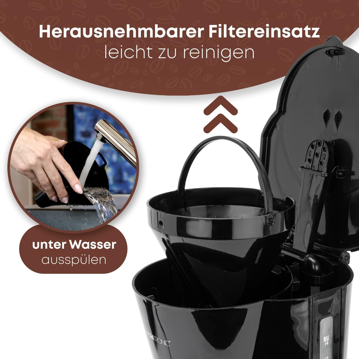 Espressor Clatronic® | Espressor automat pentru 12-14 cești (aprox. 1,5 litri) | Espressor cu filtru și sistem anti-picurare | 900W | Espressor KA 3473 Negru