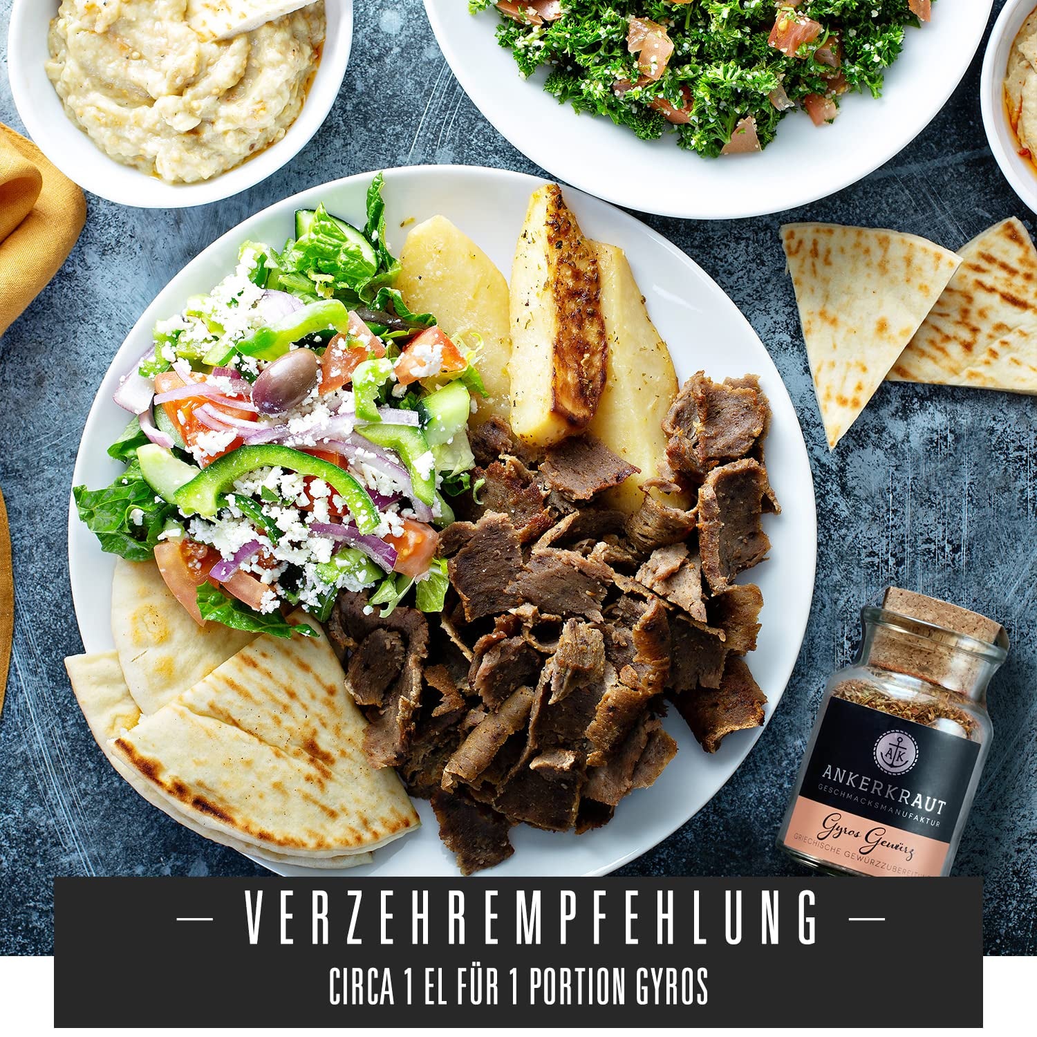 Ankerkraut Gyros, Gewürzmischung für Gyros, egal ob aus der Pfanne oder vom Grill, mit Zwiebel, Knoblauch, Majeranek, Kminek, Piment und Mehr, 80 g im Korkenglas
